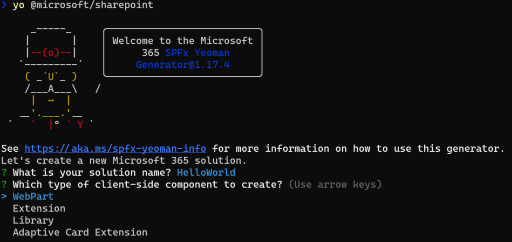 Terminal with the initial message from the SharePoint generator inside of Yeoman.